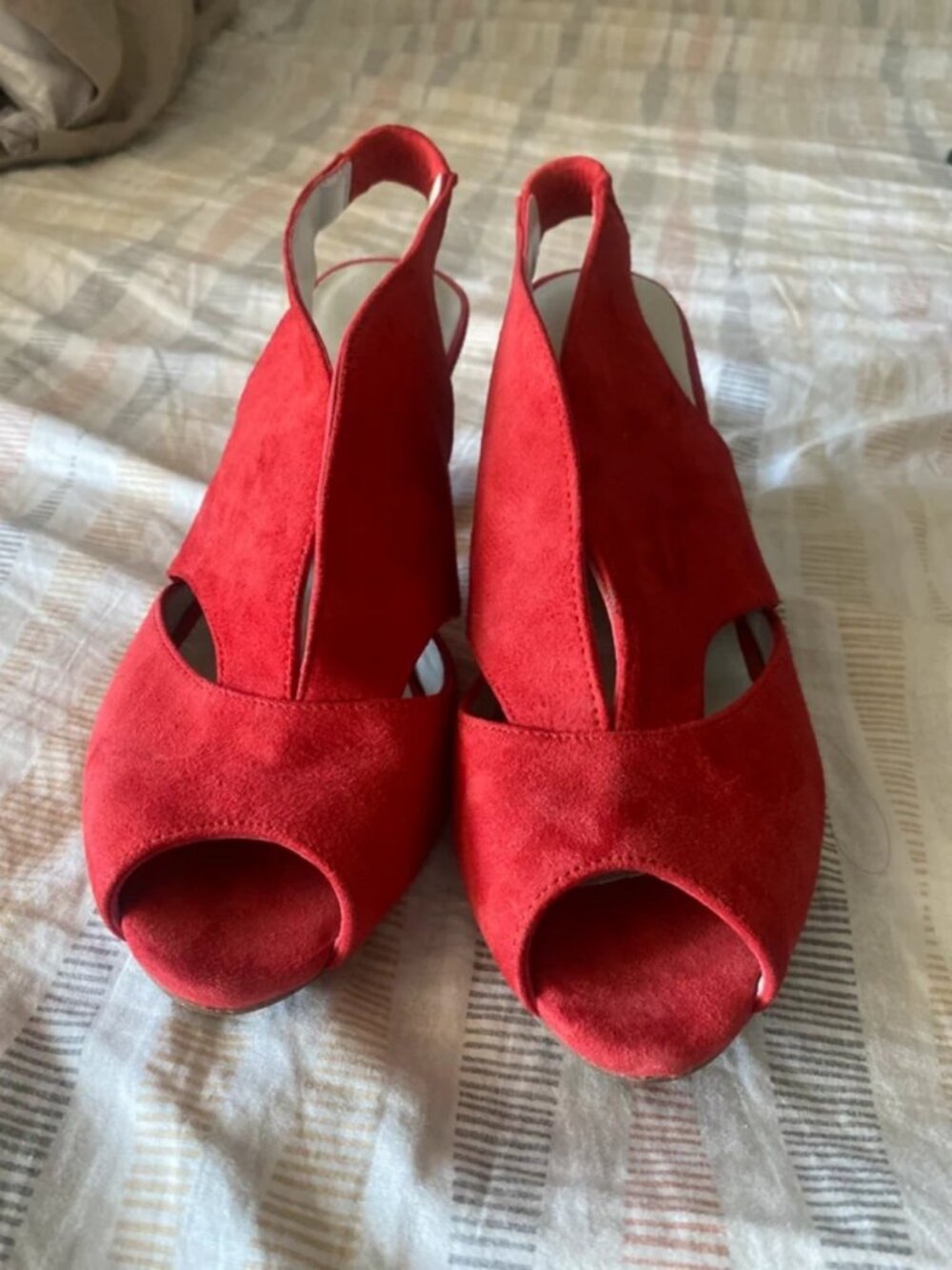 eric michael red suede peep toe slingback heels